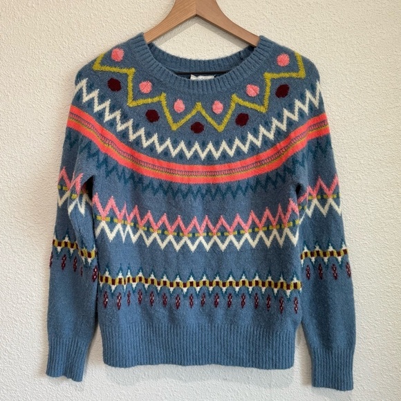 Sundance Catalog Size XS Glencoe Sweater Blue Fair Isle Wool Alpaca Blend Boho - Picture 1 of 9